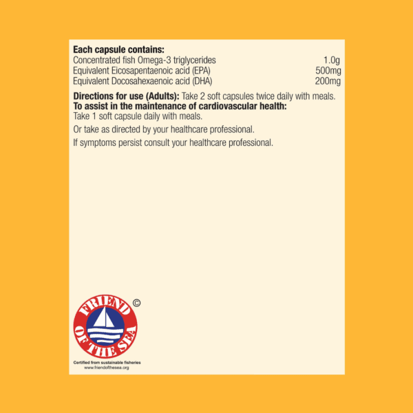 The MetaPure Enteric 120 Capsules label features ingredients, adult usage directions, and a "Friend of the Sea" certification on a yellow background, plus key nutrients and dosage details for the fish oil supplement.